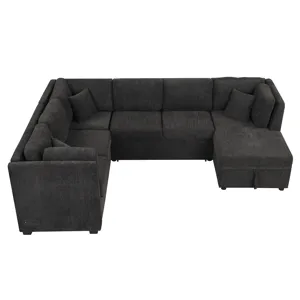 U-Shaped Sectional Sofa Pull Out Sofa Bed With Two USB Ports, Two Power Sockets, Three Back Pillows 