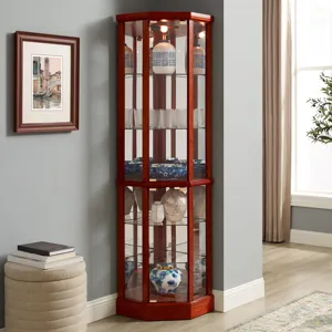 6 Shelf Lighted Corner Curio Cabinet With Adjustable Tempered Glass Shelves And Mirror Back (E26 Lig