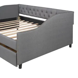 Full Size Upholstered Daybed With Two Drawers, Wood Slat Support - Gray