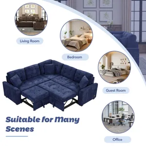L-Shape Sofa Bed Pull-Out Sleeper Sofa With Wheels, USB Ports, Power Sockets For Living Room - Navy 