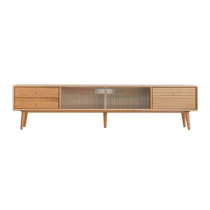TV Cabinet With Chinese Changhong Glass Doors, Two Drawer Storage Space TV Standing - Natural