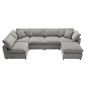 Modern Modular Cloud Sofa Bed, 6 Seat Chenille Sectional Couch Set With Ottoman, Free Combination, C