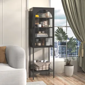 Metal Glass Door Display Storage Cabinet, 5 Tier Cube Bookshelf Storage Cabinet With 3 Adjustable Sh