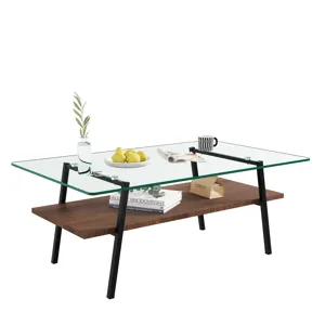 Rectangle Coffee Table, Tempered Glass Tabletop With Metal Legs, Modern Table For Living Room, Trans
