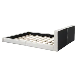 Queen Size Upholstered Platform Bed With , Grounded Bed With Solid Frame - Beige