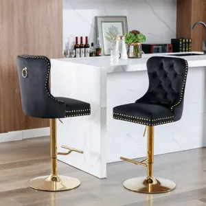 Thick Golden Swivel Velvet Barstools Adjusatble Seat Height From 27-35\", Modern Upholstered Bar Sto