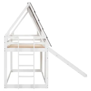 Wood Twin Size House Bunk Bed With Roof, Ladder And Slide - White / Brown