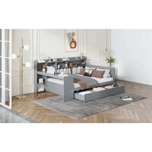 Full Size Wooden Daybed With 3 Drawers, USB Ports And Desk - Gray