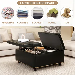 Large Square Storage Stool With Two Storage Doors, Footstool For Living Room Studded Mid-Century Mod