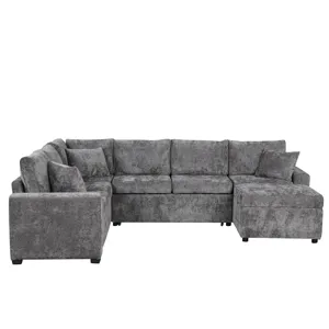 Sectional Sofa Pull-Out Sofa Bed Sleeper With A Storage Ottoman, Three Pillows And Charging Devices 