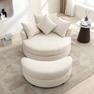 360° Swivel Accent Barrel Chair With Storage Ottoman & 4 Pillows, Modern Chenille Leisure Chair Round Accent For Living Room - Cream