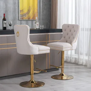 Thick Golden Swivel Velvet Barstools Adjusatble Seat Height From 27-35\", Modern Upholstered Bar Sto