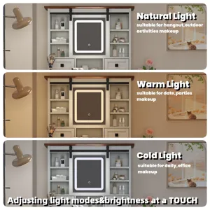 Farmhouse Makeup Vanity Desk With Adjustible LED Lighted Mirror And Charging Station For Bedroom, Dr