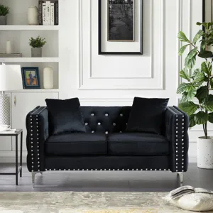 Wide Sofa With Jeweled Buttons Square Arm, 2 Pillows - Black