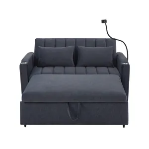 Convertible Sofa Bed Loveseat Sofa With Three USB Ports, Two Side Pockets, Two Cup Holders And 360° 