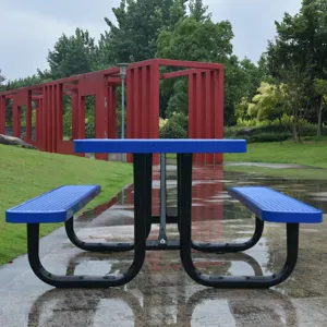 Square Outdoor Steel Picnic Table With Umbrella Pole - Blue