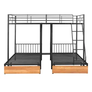 Full Over Twin & Twin Bunk Bed, Metal Triple Bunk Bed With Drawers And Guardrails - Black