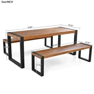 3 Pieces Outdoor Dining Table With 2 Benches, Patio Dining Set With Unique Top Texture, Acacia Wood 