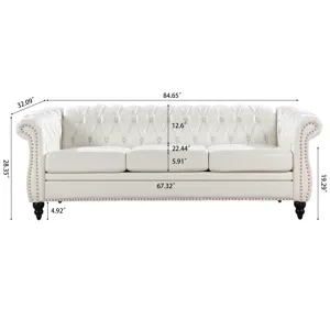 84.65\" Rolled Arm Chesterfield 3 Seater Sofa - White