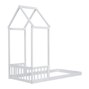 Twin House-Shaped Roof Headboard Floor Bed, (Without Slats) - White