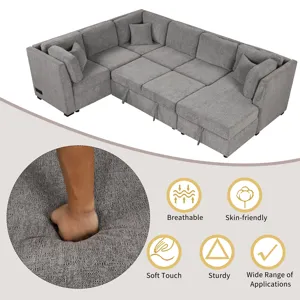 U-Shaped Sectional Sofa Pull Out Sofa Bed With Two USB Ports, Two Power Sockets, Three Back Pillows 