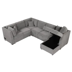 U-Shaped Sectional Sofa Pull Out Sofa Bed With Two USB Ports, Two Power Sockets, Three Back Pillows 