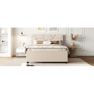 Full Size Upholstered Platform Bed With Brick Pattern Headboard And Twin Size Trundle, Linen - Beige