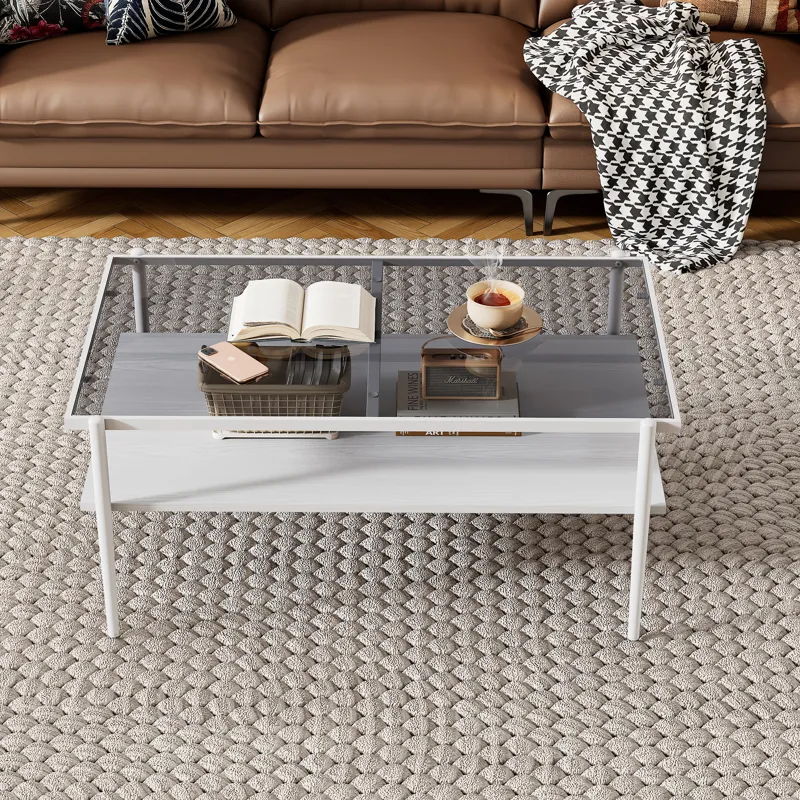Rectangle Coffee Table With Tempered Glass Top And White Legs, Modern Table For Living Room - Gray