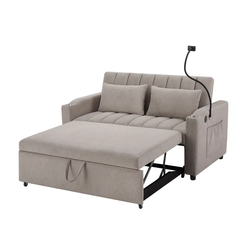 Convertible Sofa Bed Loveseat Sofa With Three USB Ports, Two Side Pockets, Two Cup Holders And 360° 