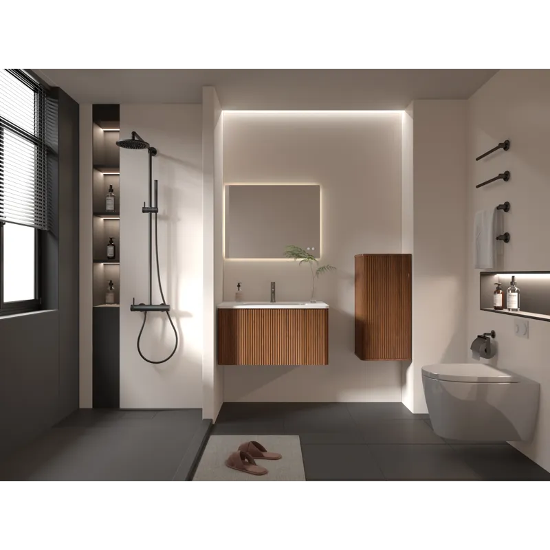 Striped Walnut Bathroom Floating Side Cabinet, Wall-Mounted Storage Cabinet For Small Spaces - Walnu