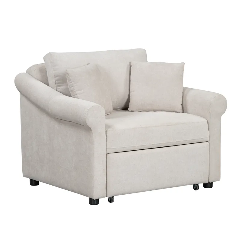 Chenille Convertible Sleeper Chair With Adjustable Backrest, 3 In 1 Lounger Chair Turns Into Bed, Si