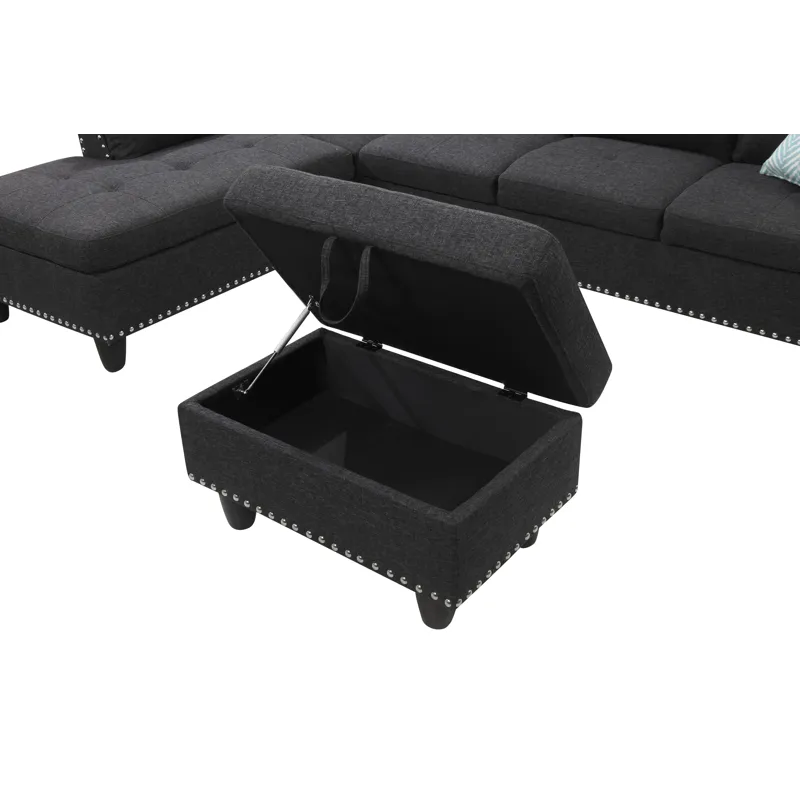 Alger - 98" Wide Left Hand Facing Sofa & Chaise With Ottoman - Charcoal Grey