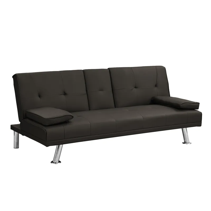 Sofa Bed With Armrest Two Holders Wood Frame, Stainless Leg, Futon - Brown