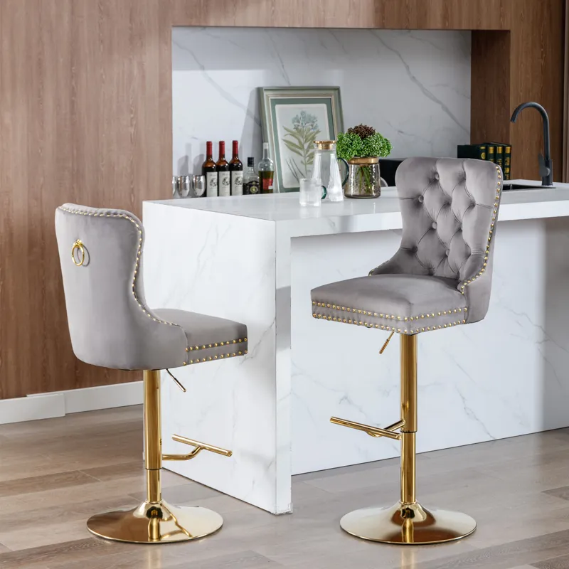 Thick Golden Swivel Velvet Barstools Adjusatble Seat Height From 25-33\", Modern Upholstered Bar Sto