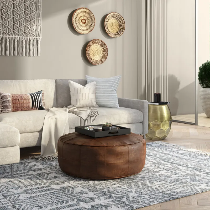Connor - 34" Round Coffee Table Pouf - Distressed Brown