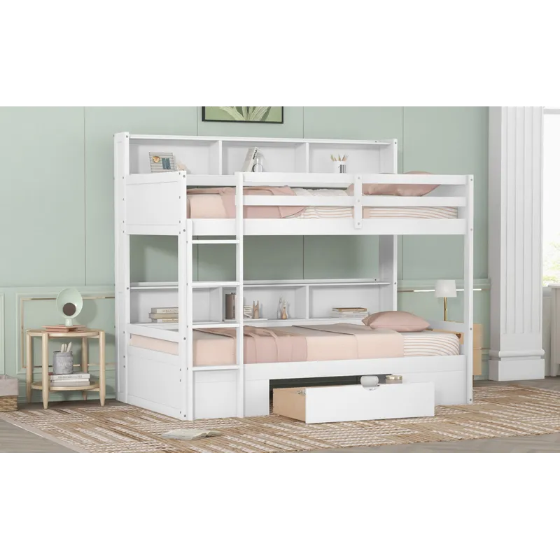 Twin Size Bunk Bed With Built-In Shelves Beside Both Upper And Down Bed And Storage Drawer - White