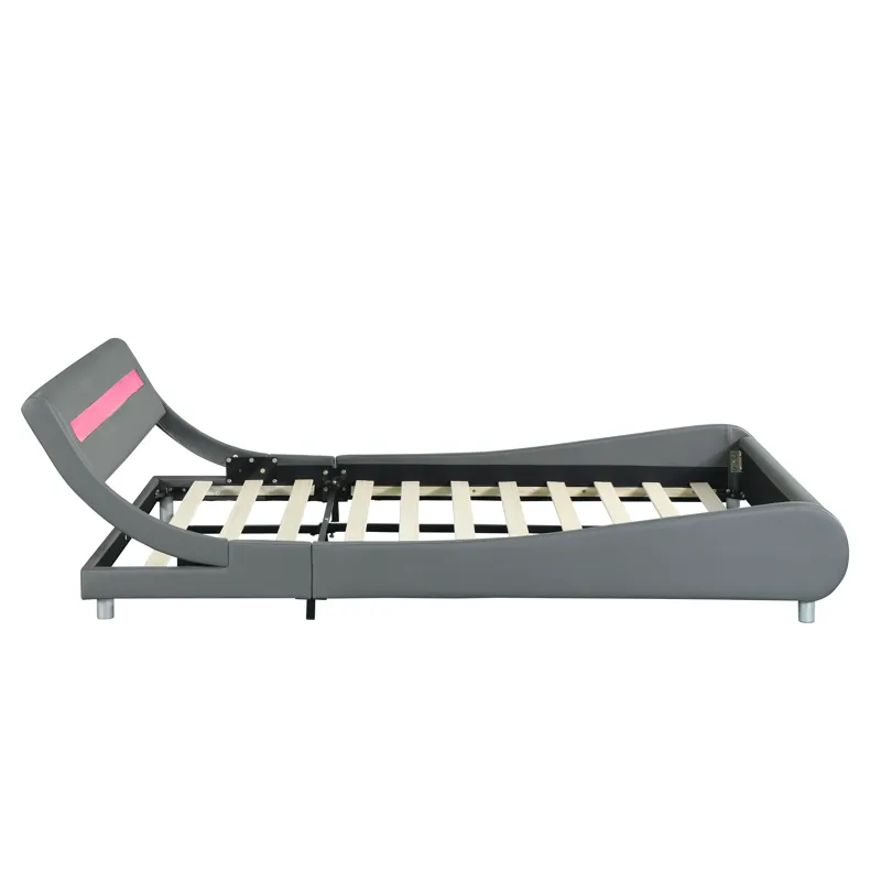 Queen Size Upholstered Platform Bed Frame With LED Lighting, Curve Design, Wood Slat Support, No Box