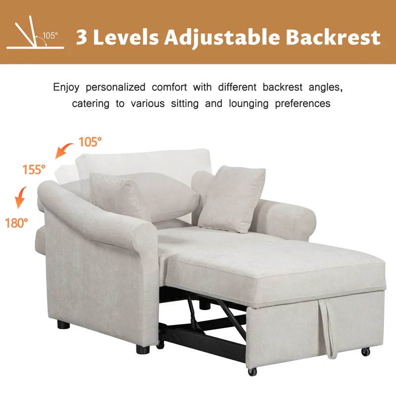 Chenille Convertible Sleeper Chair With Adjustable Backrest, 3 In 1 Lounger Chair Turns Into Bed, Si