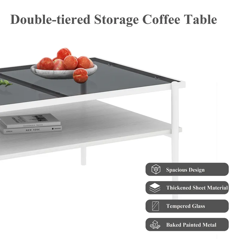 Rectangle Coffee Table With Tempered Glass Top And White Legs, Modern Table For Living Room - Gray