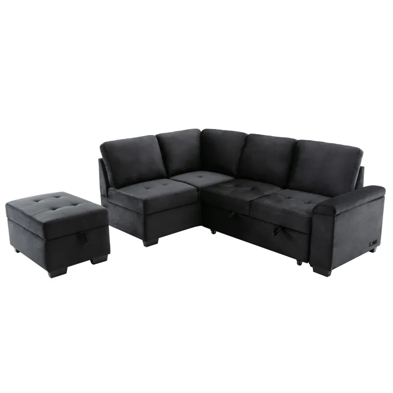 Sleeper Sectional Sofa, L-Shape Corner Couch Sofa Bed With Storage Ottoman & Hidden Arm Storage & US