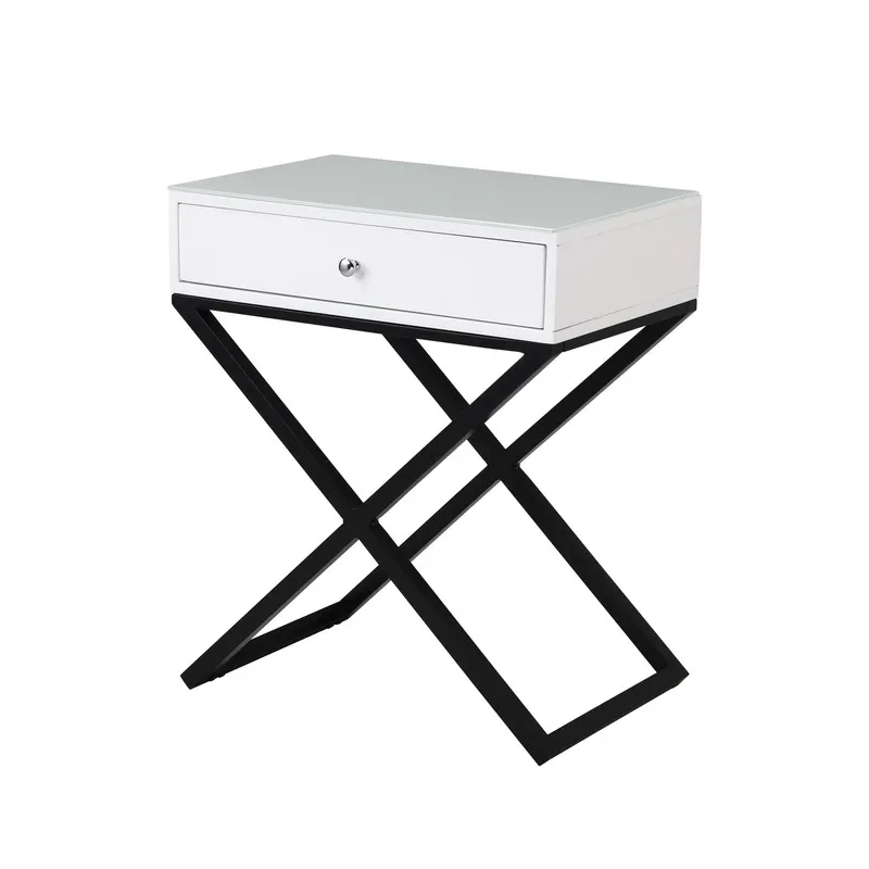 Koda - Wooden End Side Table Nightstand With Glass Top, Drawer And Metal Cross Base - White