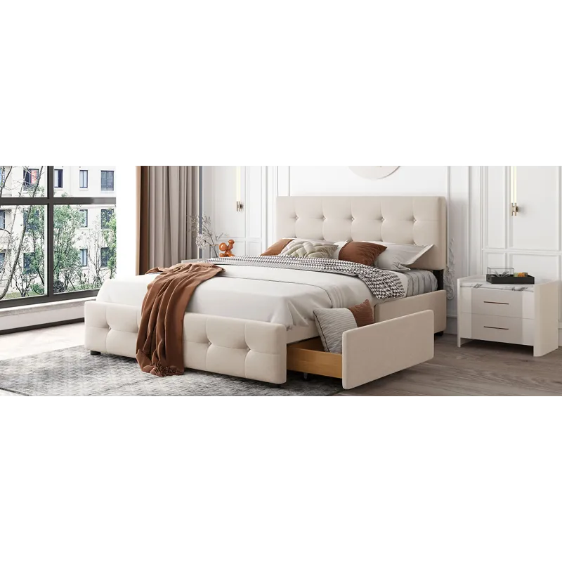 Queen Size Upholstered Platform Bed With Classic Headboard And 4 Drawers, No Box Spring Needed - Bei