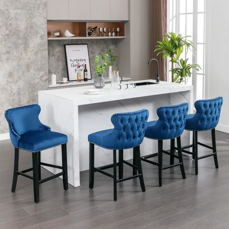 Contemporary Velvet Upholstered Wing-Back Barstools With Button Tufted Decoration And Wooden Legs, A