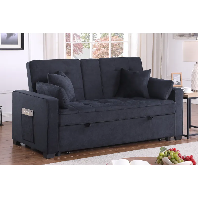 Cody II - 69.5\"W Dark Gray Woven Fabric Convertible Sleeper Loveseat With Cup Holder, Charging Port