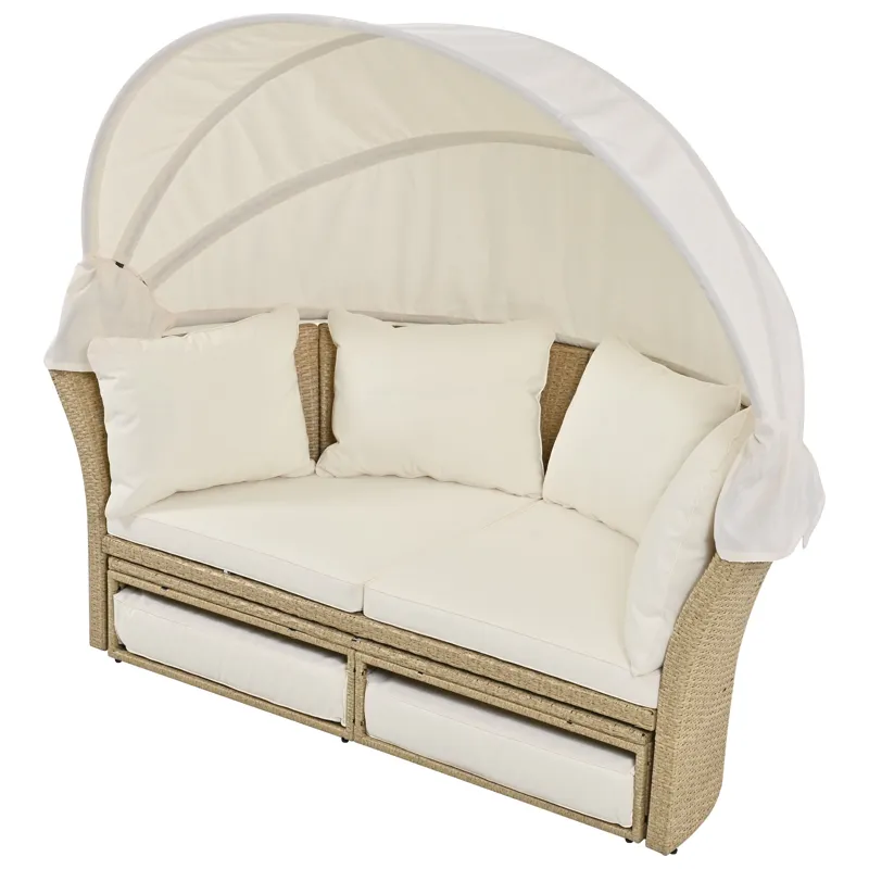 Outdoor Patio Daybed Wicker Rattan Double Daybed Round Sofa Furniture Set With Retractable Canopy, 4
