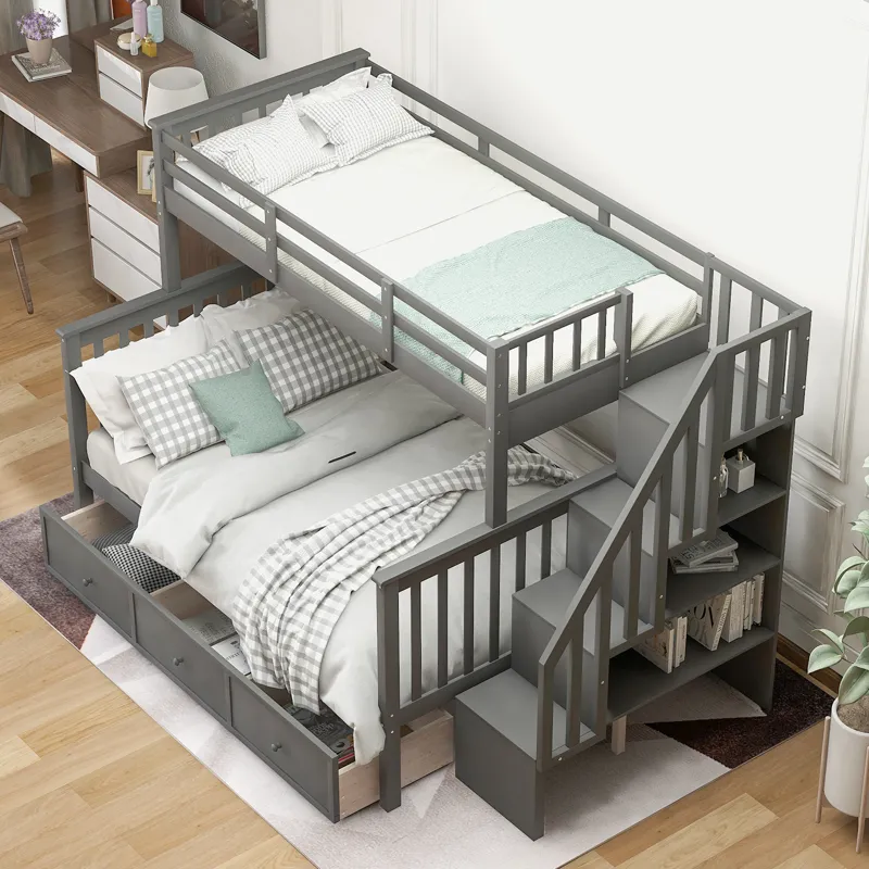 Twin Over Full Stairway Bunk Bed With Drawer, Storage And Guard Rail For Bedroom, Dorm, For Adults -