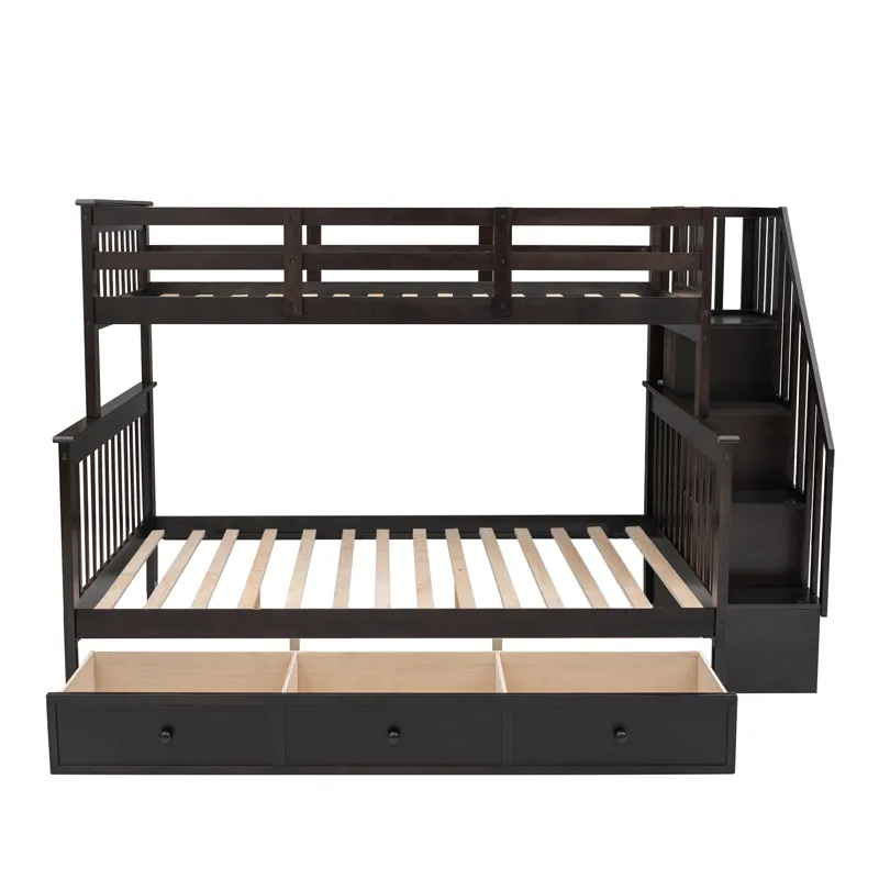 Twin Over Full Stairway Bunk Bed With Drawer, Storage And Guard Rail For Bedroom, Dorm, For Adults -