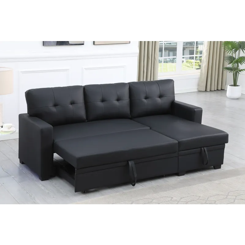 Upholstered Pull Out Sectional Sofa With Chaise - Black
