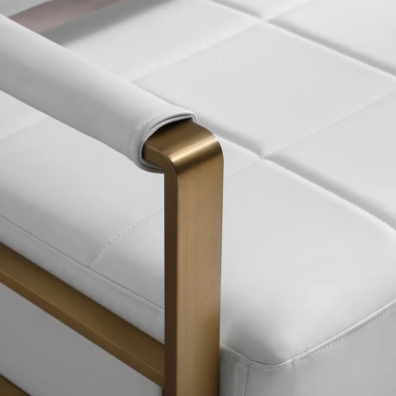 Modern Upholstery Accent Loveseat Sofa For Living Room 2 Seater With Golden Metal Arms - White