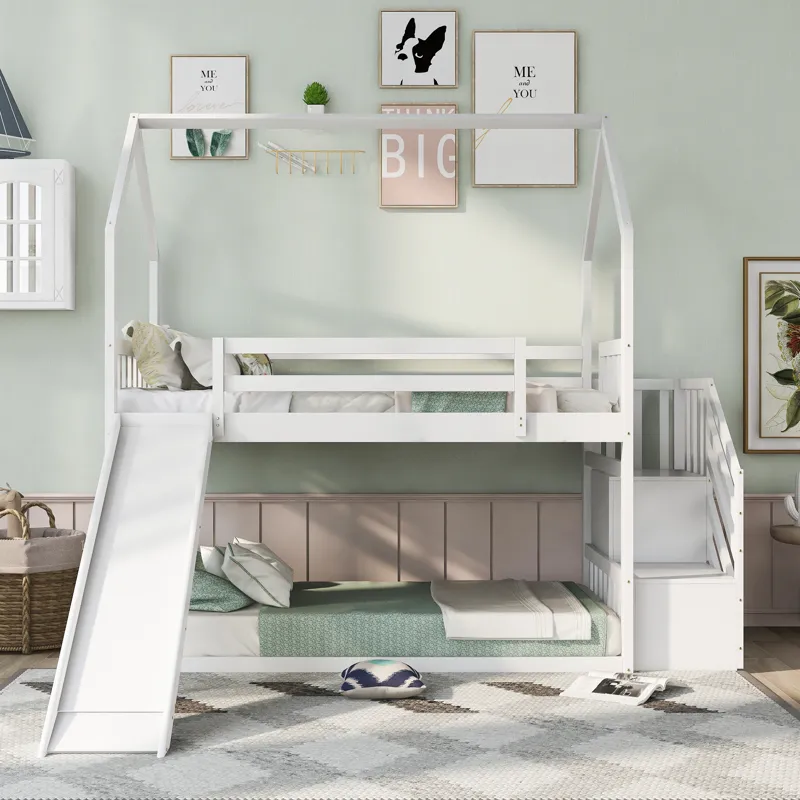 Twin Over Twin House Bunk Bed With Convertible Slide, Storage Staircase - White
